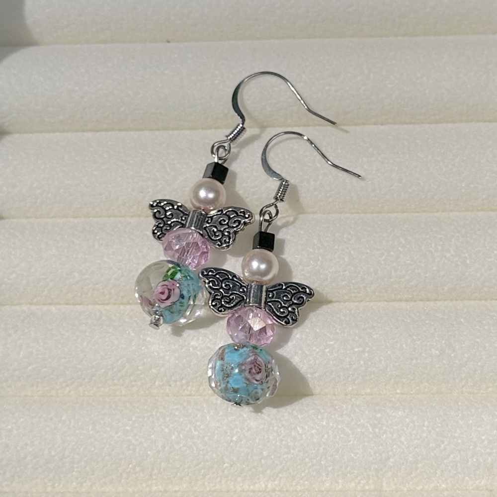 Handmade Pink & Blue Roses Angel Earrings Glass & Faux Pearl Silver Tone Girly - Picture 5 of 6